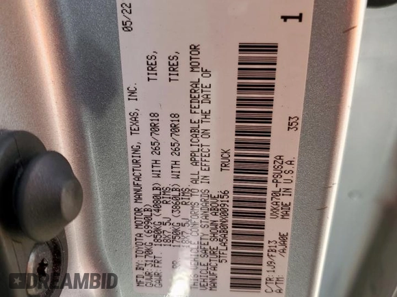 2022 Toyota Tundra SR5 with VIN 5TFLA5AB0NX009156, listed as a Copart auction lot 57852345 with 60,650 mi miles and Clean title. Bid and sale history available at DreamBid. Image 12.