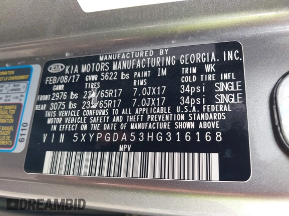 2017 Kia Sorento LX with VIN 5XYPGDA53HG316168, listed as a IAAI auction lot 42360314 with 89,628 mi miles and . Bid and sale history available at DreamBid. Image 9.