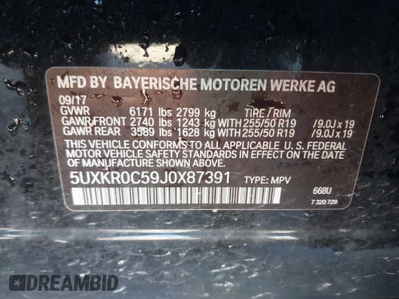 2018 BMW X5 xDrive35i with VIN 5UXKR0C59J0X87391, listed as a IAAI auction lot 41359822 with 73,913 mi miles. Bid and sale history available at carsss.com. Image 9.