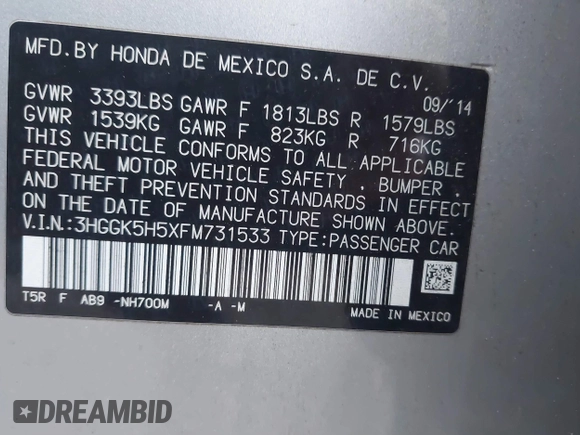 2015 Honda Fit LX with VIN 3HGGK5H5XFM731533, listed as a IAAI auction lot 41601419 with 53,922 mi miles. Bid and sale history available at carsss.com. Image 9.