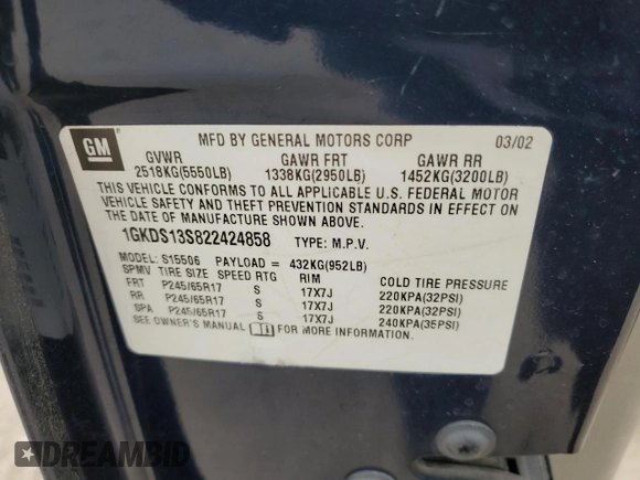 2002 GMC Envoy SLE z VIN 1GKDS13S822424858, wystawiony jako Copart lot #53609685 z przebiegiem 213 680 mil mil oraz Szkoda całkowita • Salvage title. Historia ofert i sprzedaży dostępna na DreamBid. Obrazek 14.