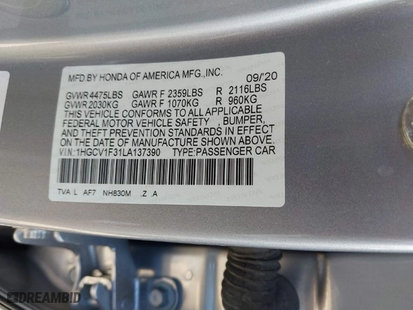 2020 Honda Accord Sedan Sport with VIN 1HGCV1F31LA137390, listed as a IAAI auction lot 39726952 with 1 mi miles. Bid and sale history available at carsss.com. Image 9.
