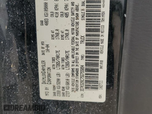 2005 Dodge 2500 SLT with VIN 3D7KS28C75G755894, listed as a Copart auction lot 53874865 with 336,506 mi miles and Salvage Title. Bid and sale history available at DreamBid. Image 12.