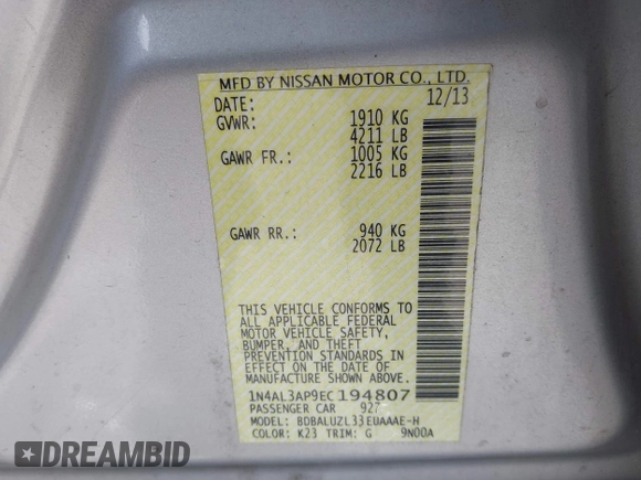 2014 Nissan Altima SL with VIN 1N4AL3AP9EC194807, listed as a IAAI auction lot 41866664 with 189,783 mi miles and . Bid and sale history available at DreamBid. Image 9.