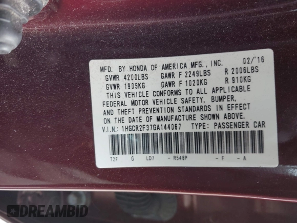 2016 Honda Accord LX with VIN 1HGCR2F37GA144067, listed as a IAAI auction lot 41902711 with 181,389 mi miles and . Bid and sale history available at DreamBid. Image 9.