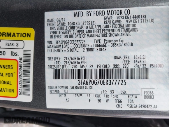 2014 Ford Fusion S with VIN 3FA6P0G70ER377725, listed as a IAAI auction lot 42007410 with 56,552 mi miles and . Bid and sale history available at carsss.com. Image 9.
