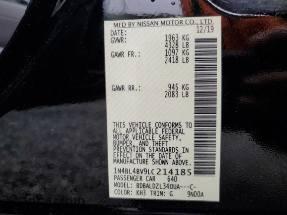 2020 Nissan Altima S with VIN 1N4BL4BV9LC214185, listed as a Copart auction lot 56928125 with 92,668 mi miles and Salvage title. Bid and sale history available at DreamBid. Image 12.