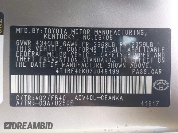 2007 Toyota Camry CE z VIN 4T1BE46K07U048199, wystawiony jako IAAI lot #42188393 z przebiegiem 166 614 mil mil oraz . Historia ofert i sprzedaży dostępna na DreamBid. Obrazek 9.