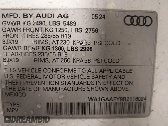 2024 Audi Q5 S line Premium z VIN WA1GAAFY8R2116024, wystawiony jako IAAI lot #41628404 z przebiegiem 4966 mil mil oraz . Historia ofert i sprzedaży dostępna na DreamBid. Obrazek 9.