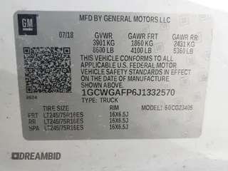 2018 Chevrolet Express Cargo Van with VIN 1GCWGAFP6J1332570, listed as a IAAI auction lot 41482103 with 142,405 mi miles. Bid and sale history available at carsss.com. Image 9.
