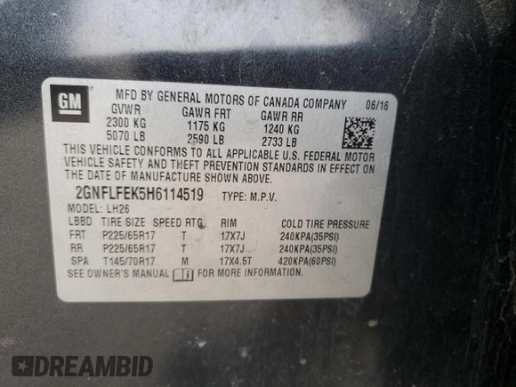 2017 Chevrolet Equinox LT with VIN 2GNFLFEK5H6114519, listed as a Copart auction lot 43800565 with 114,743 mi miles and Salvage Title. Bid and sale history available at DreamBid. Image 13.
