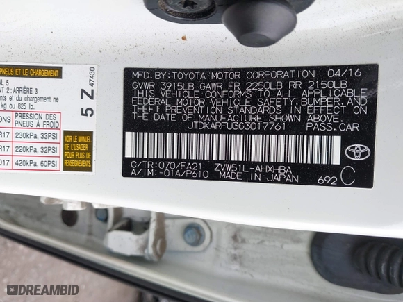 2016 Toyota Prius Four with VIN JTDKARFU3G3017761, listed as a IAAI auction lot 41829610 with 66,486 mi miles. Bid and sale history available at carsss.com. Image 9.