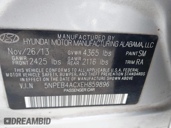 2014 Hyundai Sonata GLS with VIN 5NPEB4ACXEH859896, listed as a IAAI auction lot 42131282 with 174,700 mi miles and . Bid and sale history available at carsss.com. Image 9.
