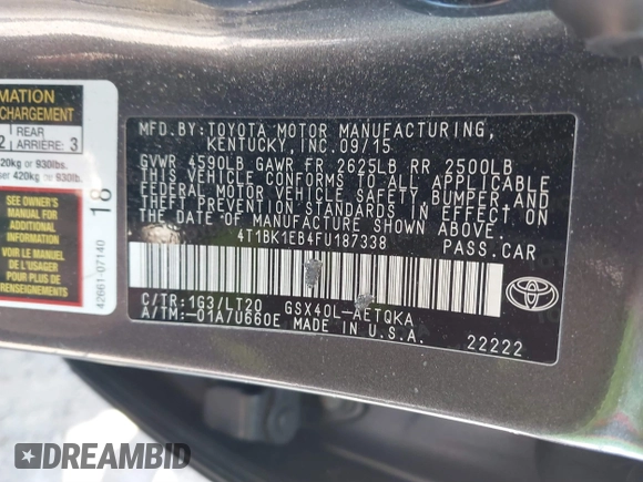 2015 Toyota Avalon Limited with VIN 4T1BK1EB4FU187338, listed as a IAAI auction lot 41696526 with 101,258 mi miles and . Bid and sale history available at DreamBid. Image 9.