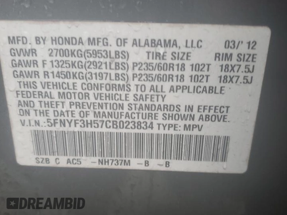 2012 Honda Pilot EX-L with VIN 5FNYF3H57CB023834, listed as a Copart auction lot 44232775 with 186,919 mi miles and Salvage Title. Bid and sale history available at carsss.com. Image 15.