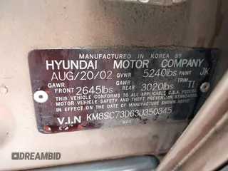 2003 Hyundai Santa Fe GLS with VIN KM8SC73D63U350345, listed as a IAAI auction lot 41841877 with 109,764 mi miles. Bid and sale history available at carsss.com. Image 9.