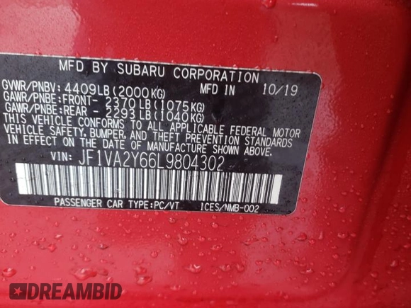 2020 Subaru WRX STI Limited with VIN JF1VA2Y66L9804302, listed as a Copart auction lot 44375725 with 34,734 mi miles and Salvage Title. Bid and sale history available at carsss.com. Image 12.