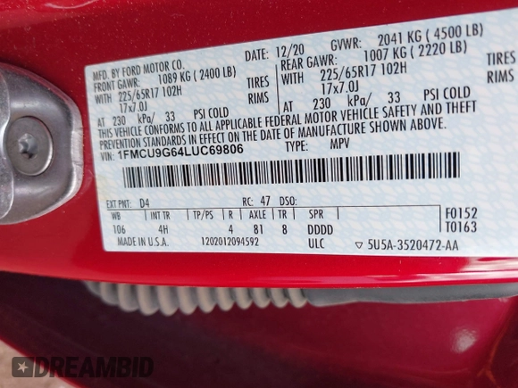 2020 Ford Escape SE z VIN 1FMCU9G64LUC69806, wystawiony jako IAAI lot #42075446 z przebiegiem 93 769 mil mil oraz . Historia ofert i sprzedaży dostępna na DreamBid. Obrazek 9.