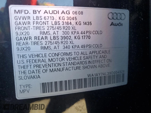 2009 Audi Q7 with VIN WA1AY74L39D004926, listed as a Copart auction lot 43160415 with 133,417 mi miles and Salvage Title. Bid and sale history available at carsss.com. Image 13.