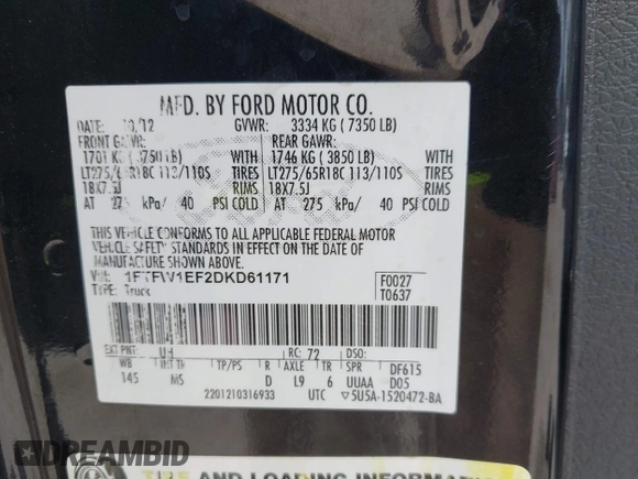 2013 Ford F-150 XL with VIN 1FTFW1EF2DKD61171, listed as a IAAI auction lot 42566701 with 153,896 mi miles and . Bid and sale history available at DreamBid. Image 9.
