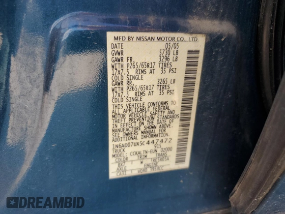 2005 Nissan Frontier SE with VIN 1N6AD07UX5C447472, listed as a Copart auction lot 61864505 with 217,700 mi miles and Clean title. Bid and sale history available at DreamBid. Image 12.