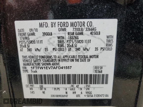 2010 Ford F-150 XL with VIN 1FTFW1EV7AFD41557, listed as a Copart auction lot 62374285 with 238,760 mi miles and Clean title. Bid and sale history available at DreamBid. Image 12.