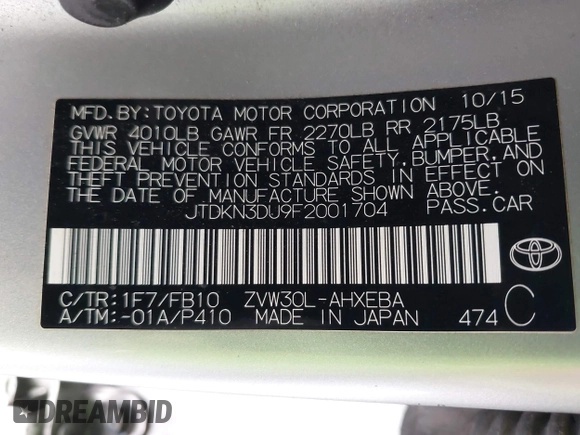 2015 Toyota Prius Four with VIN JTDKN3DU9F2001704, listed as a IAAI auction lot 42748429 with 193,725 mi miles and . Bid and sale history available at DreamBid. Image 9.