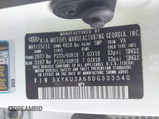 2013 Kia Sorento EX with VIN 5XYKU3A68DG333340, listed as a IAAI auction lot 41680880 with 207,570 mi miles. Bid and sale history available at carsss.com. Image 9.