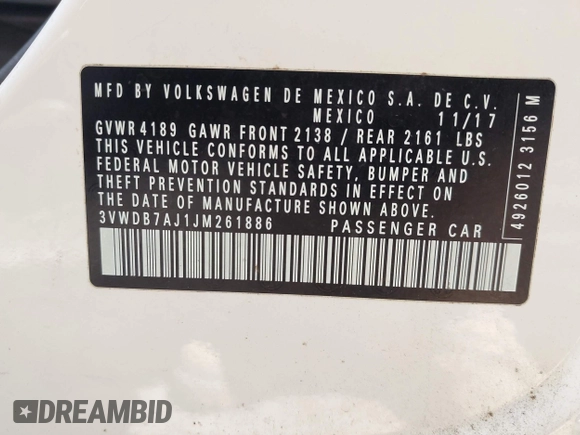 2018 Volkswagen Jetta SE with VIN 3VWDB7AJ1JM261886, listed as a IAAI auction lot 42486968 with Not provided miles and . Bid and sale history available at DreamBid. Image 9.