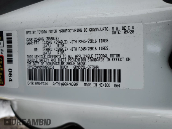 2021 Toyota Tacoma SR z VIN 3TYSZ5AN0MT009231, wystawiony jako Copart lot #49252665 z przebiegiem Nie podano mil oraz Szkoda całkowita • Salvage title. Historia ofert i sprzedaży dostępna na DreamBid. Obrazek 12.