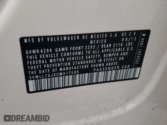 2012 Volkswagen Jetta TDI w/Premium with VIN 3VWLL7AJXCM417595, listed as a Copart auction lot 47739455 with 153,437 mi miles and Clean title. Bid and sale history available at DreamBid. Image 12.