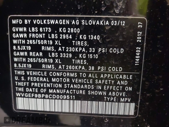 2012 Volkswagen Touareg Sport with VIN WVGEF9BP8CD009511, listed as a IAAI auction lot 41457989 with 87,325 mi miles and . Bid and sale history available at DreamBid. Image 9.