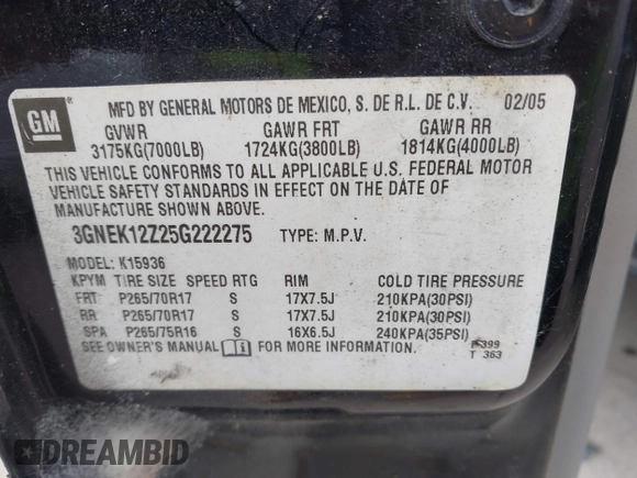 2005 Chevrolet Avalanche Z71 z VIN 3GNEK12Z25G222275, wystawiony jako IAAI lot #42616935 z przebiegiem 168 984 mil mil oraz . Historia ofert i sprzedaży dostępna na DreamBid. Obrazek 9.