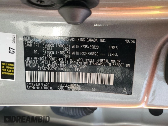 2021 Lexus RX 350 with VIN 2T2JZMAA7MC188225, listed as a Copart auction lot 55760085 with 66,994 mi miles and Salvage Title. Bid and sale history available at DreamBid. Image 14.