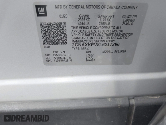 2020 Chevrolet Equinox LT with VIN 2GNAXKEV8L6217296, listed as a IAAI auction lot 42082139 with 61,305 mi miles and . Bid and sale history available at DreamBid. Image 9.