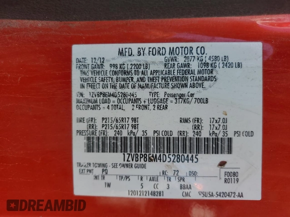 2013 Ford Mustang V6 with VIN 1ZVBP8EM4D5280445, listed as a Copart auction lot 55115015 with 191,611 mi miles and Salvage title. Bid and sale history available at DreamBid. Image 12.
