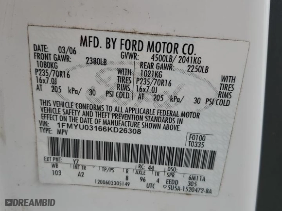 2006 Ford Escape XLT with VIN 1FMYU03166KD26308, listed as a Copart auction lot 48361895 with 0 mi miles and Salvage Title. Bid and sale history available at carsss.com. Image 14.