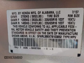 2007 Honda Odyssey EX-L with VIN 5FNRL386X7B103852, listed as a IAAI auction lot 41995923 with 78,092 mi miles and . Bid and sale history available at DreamBid. Image 9.