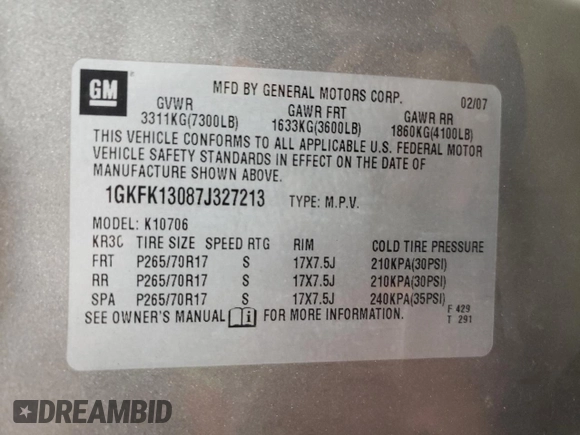 2007 GMC Yukon SLT with VIN 1GKFK13087J327213, listed as a Copart auction lot 76300784 with 205,188 mi miles and Clean Title. Bid and sale history available at DreamBid. Image 13.