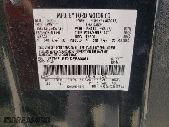 2013 Ford F-150 XL with VIN 1FTMF1EFXDFB80061, listed as a Copart auction lot 72508294 with 68,258 mi miles and Salvage Title. Bid and sale history available at DreamBid. Image 14.