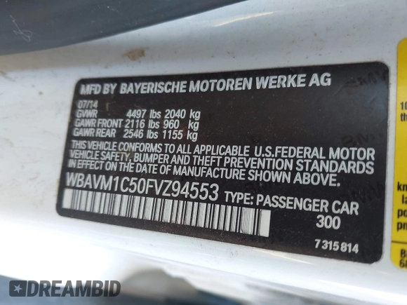 2015 BMW X1 sDrive28i z VIN WBAVM1C50FVZ94553, wystawiony jako IAAI lot #41321995 z przebiegiem Nie podano mil oraz . Historia ofert i sprzedaży dostępna na DreamBid. Obrazek 9.