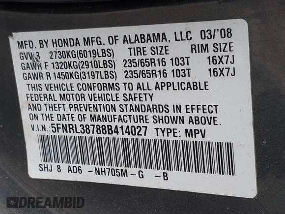 2008 Honda Odyssey EX-L with VIN 5FNRL38788B414027, listed as a IAAI auction lot 41620942 with 138,725 mi miles. Bid and sale history available at carsss.com. Image 9.