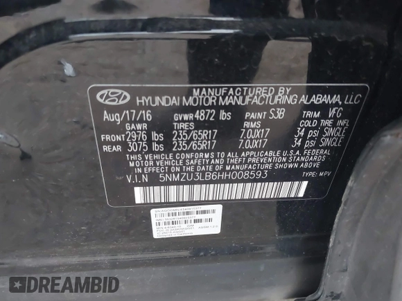 2017 Hyundai Santa Fe Sport 2.4L with VIN 5NMZU3LB6HH008593, listed as a IAAI auction lot 41353179 with 232,785 mi miles. Bid and sale history available at carsss.com. Image 9.