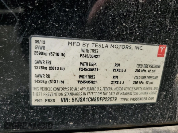 2013 Tesla Model S z VIN 5YJSA1CN8DFP22679, wystawiony jako Copart lot #64195095 z przebiegiem Nie podano mil oraz Czysty tytuł • Clean title. Historia ofert i sprzedaży dostępna na DreamBid. Obrazek 12.