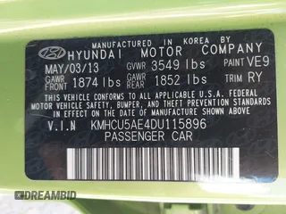 2013 Hyundai Accent SE z VIN KMHCU5AE4DU115896, wystawiony jako IAAI lot #42322656 z przebiegiem 92 391 mil mil oraz . Historia ofert i sprzedaży dostępna na DreamBid. Obrazek 9.