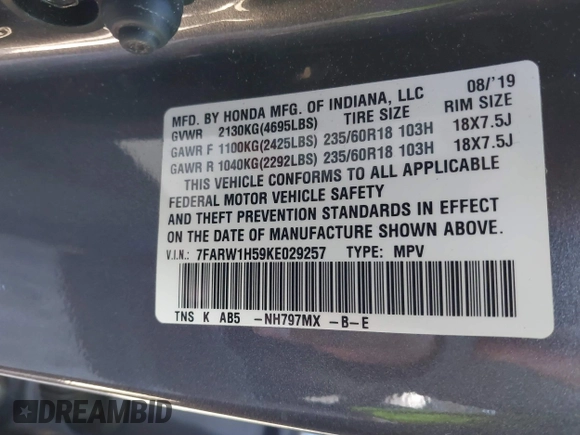 2019 Honda CR-V EX with VIN 7FARW1H59KE029257, listed as a IAAI auction lot 41762869 with 34,328 mi miles. Bid and sale history available at carsss.com. Image 9.