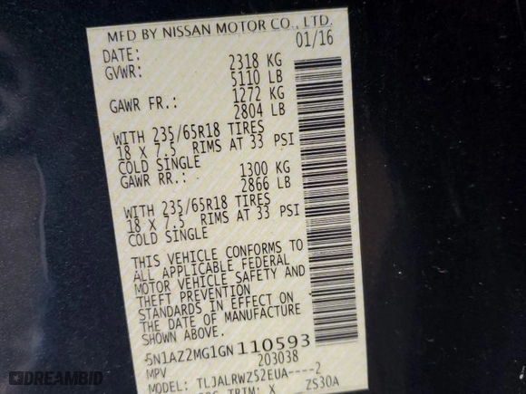2016 Nissan Murano S with VIN 5N1AZ2MG1GN110593, listed as a Copart auction lot 47874785 with 154,292 mi miles and Salvage Title. Bid and sale history available at carsss.com. Image 13.