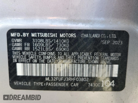 2024 Mitsubishi Mirage ES z VIN ML32FUFJ3RHF03802, wystawiony jako Copart lot #47757585 z przebiegiem 19 944 mil mil oraz Szkoda całkowita • Salvage title. Historia ofert i sprzedaży dostępna na DreamBid. Obrazek 13.
