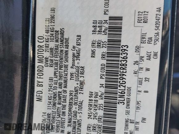 2014 Lincoln MKZ with VIN 3LN6L2G99ER836393, listed as a Copart auction lot 50190495 with 134,231 mi miles and Salvage title. Bid and sale history available at DreamBid. Image 14.