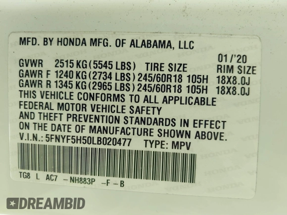 2020 Honda Pilot EX-L with VIN 5FNYF5H50LB020477, listed as a IAAI auction lot 40950652 with 1 mi miles. Bid and sale history available at carsss.com. Image 9.